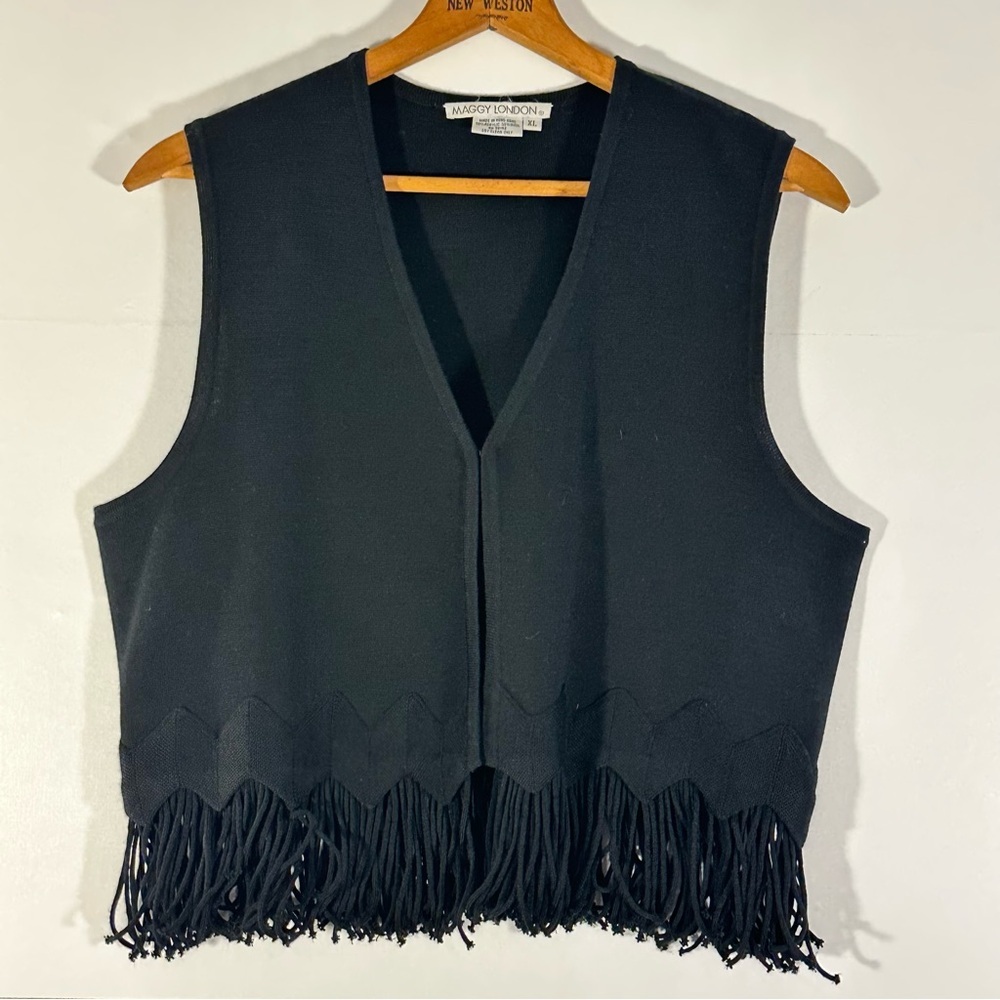 Maggy London Vintage Wool Blend Black Knit Vest with Fringe
